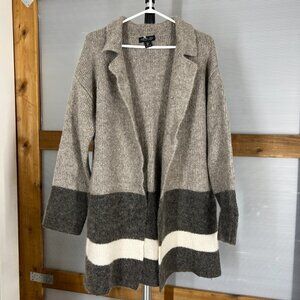 Rachel Zoe Wool Blend ColorBlock‎ Stripe Mid Length Knit Open Cardigan Brown Tan